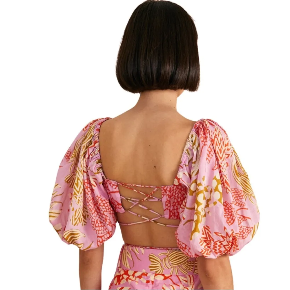 FARM RIO Mixed Lobster Print Puff Balloon Sleeve Tie Waist Balconette Crop Top - Image 2