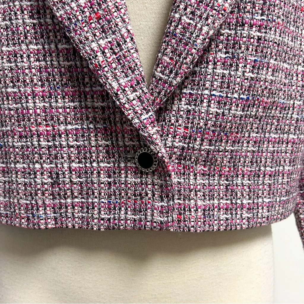 Bagatelle Tweed Pink Black Off White Cropped Single Button Blazer Jacket Large - Image 3