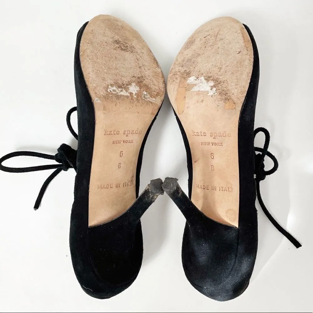 Kate Spade New York Suede Mesh Tie Peep Toe Heels Size Six Black Butterfly - Image 7