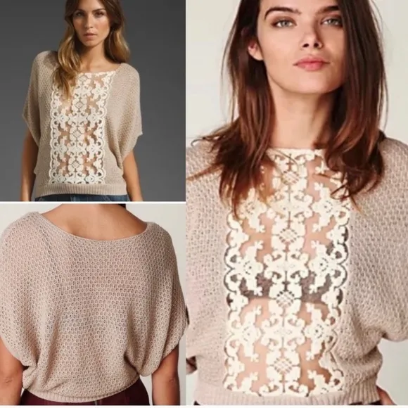 Free People Tan Cream Lace Inlay Knit Dolman Pullover Sweater W-090 Sz XS - Image 2