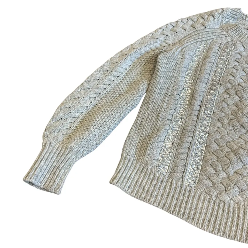 J. Crew Grey Cable Knit Pullover Sweater Crew Neck Sequin Stripe Size XS Women's - Image 4
