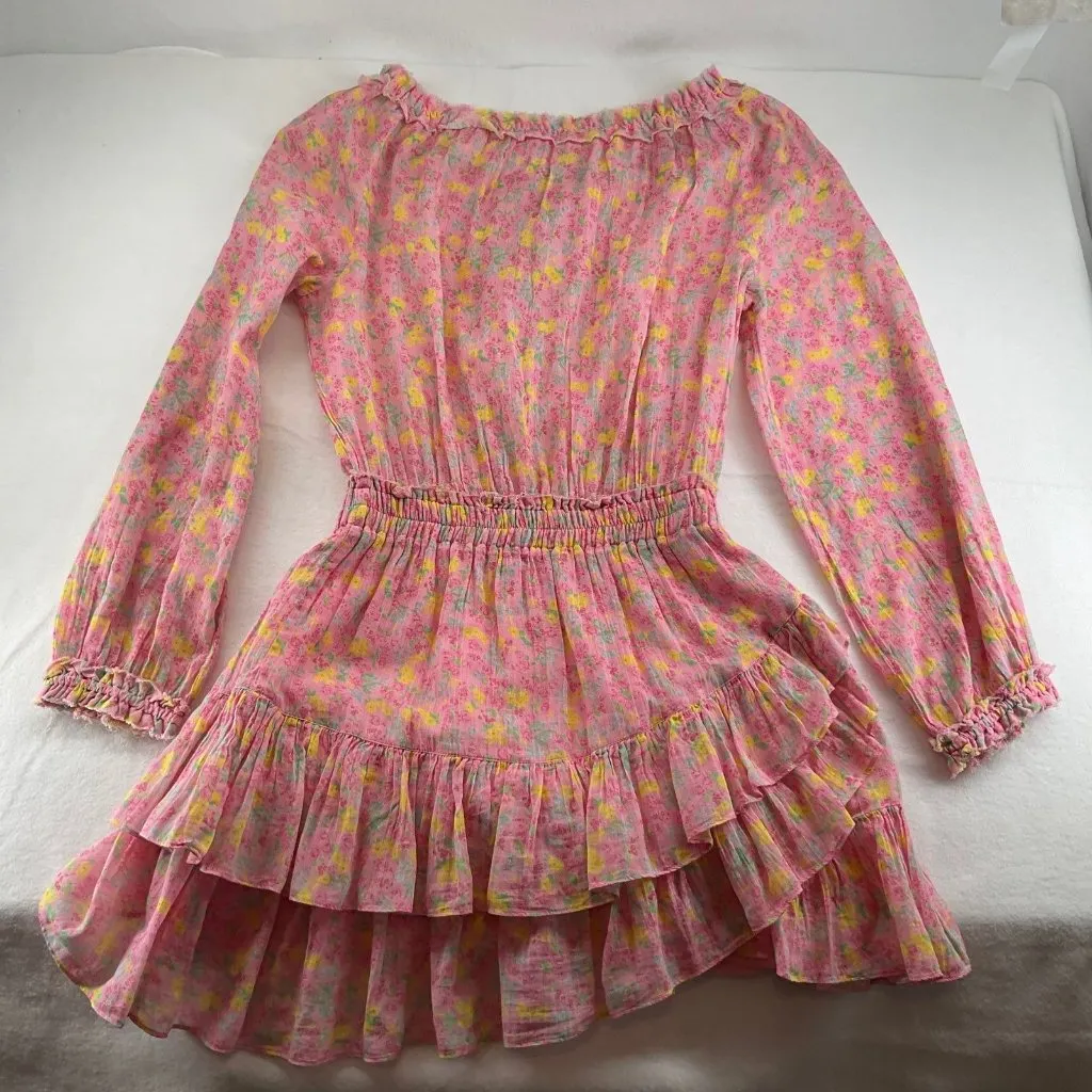 LoveShackFancy Pink yellow Floral Rayna Cotton Mini Dress size S Ruffled Layers - Image 5