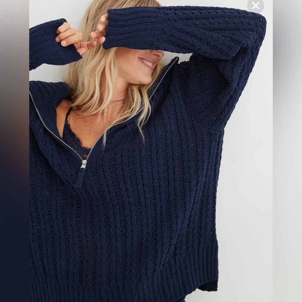 Aerie Cable Car ¼ Zip Sweater Navy Blue Oversized Knit Pullover Size XS NWOT - Image 3