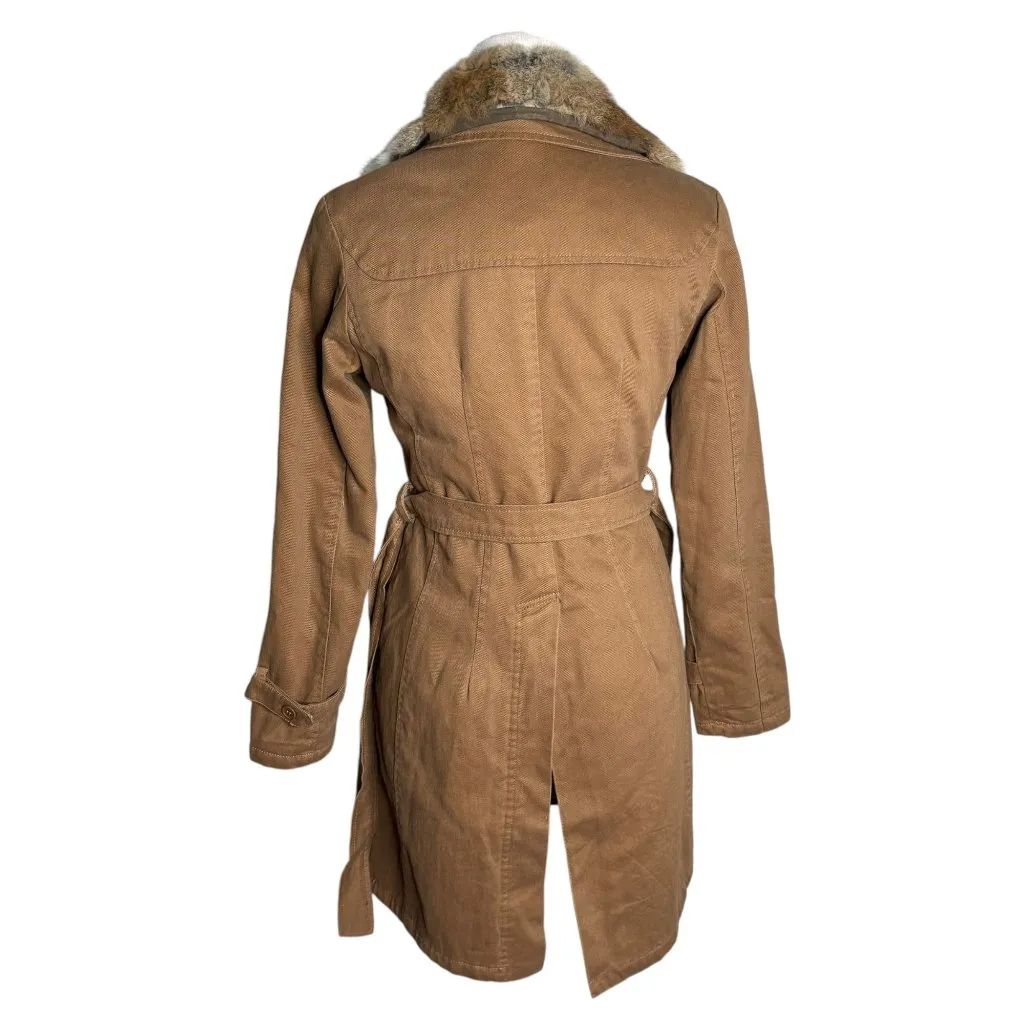 Belted Trench Coat Removable Rabbit Fur Collar Small Tan Pockets Lined Buttons - Image 5
