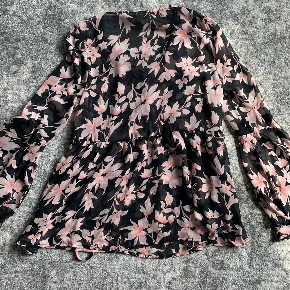 Peach Love California Sheer Floral Lace-Up Long Sleeve Blouse - Image 6