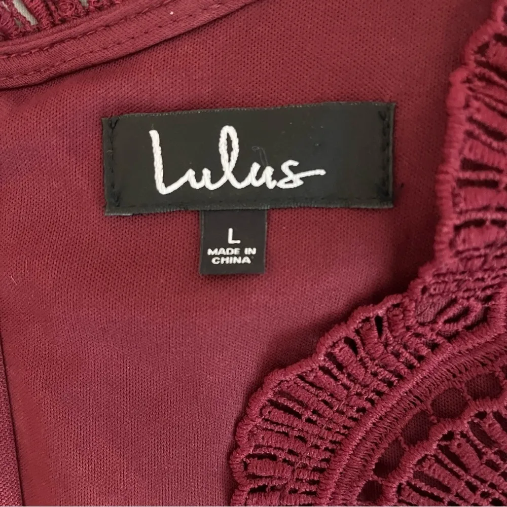 Lulu's Burgundy Scalloped Lace V Neck Short Sleeve Skater Dress - Size Large - Image 12