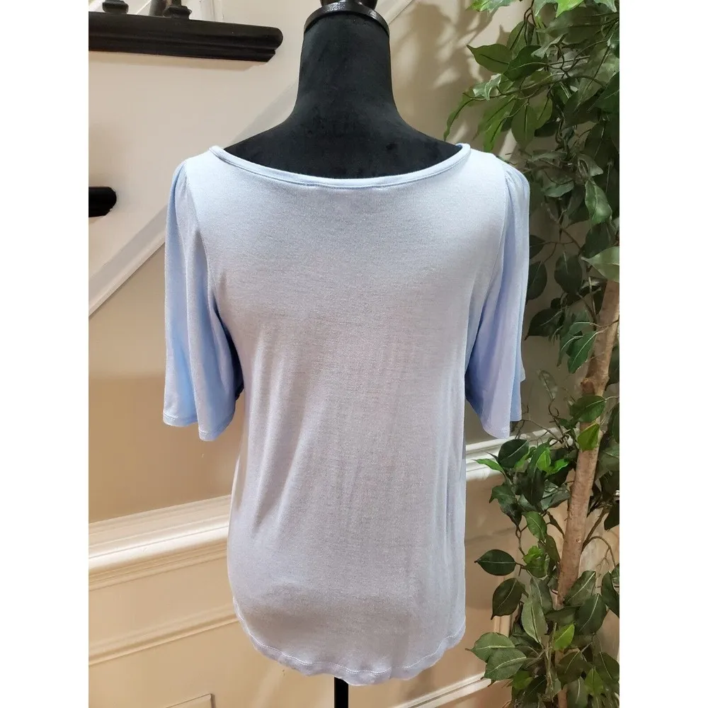 Loft Women Blue Solid 100% Rayon Round Neck Short Sleeve Top Blouse Size Small - Image 6