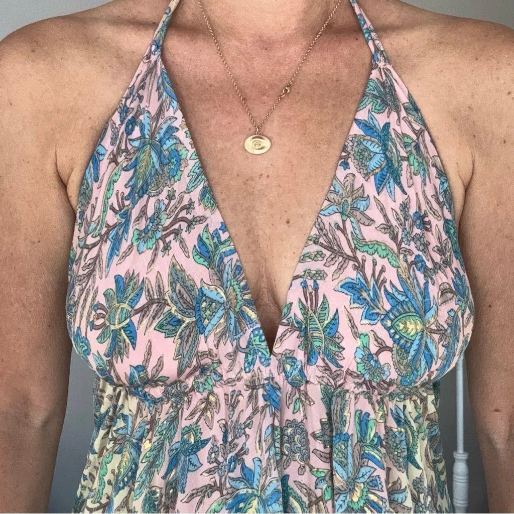 Joyce multicolor boho silk blend open back tassel ties halter maxi dress OSFM Blue Size undefined - Image 7