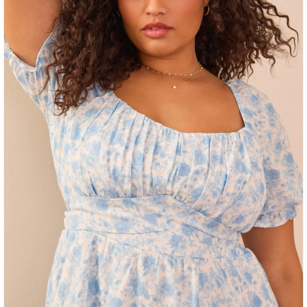 Arula Floral Mini Dress Lined Puff Sleeves Lace Trim Detail Bow Tie 0X Coquette Blue - Image 11