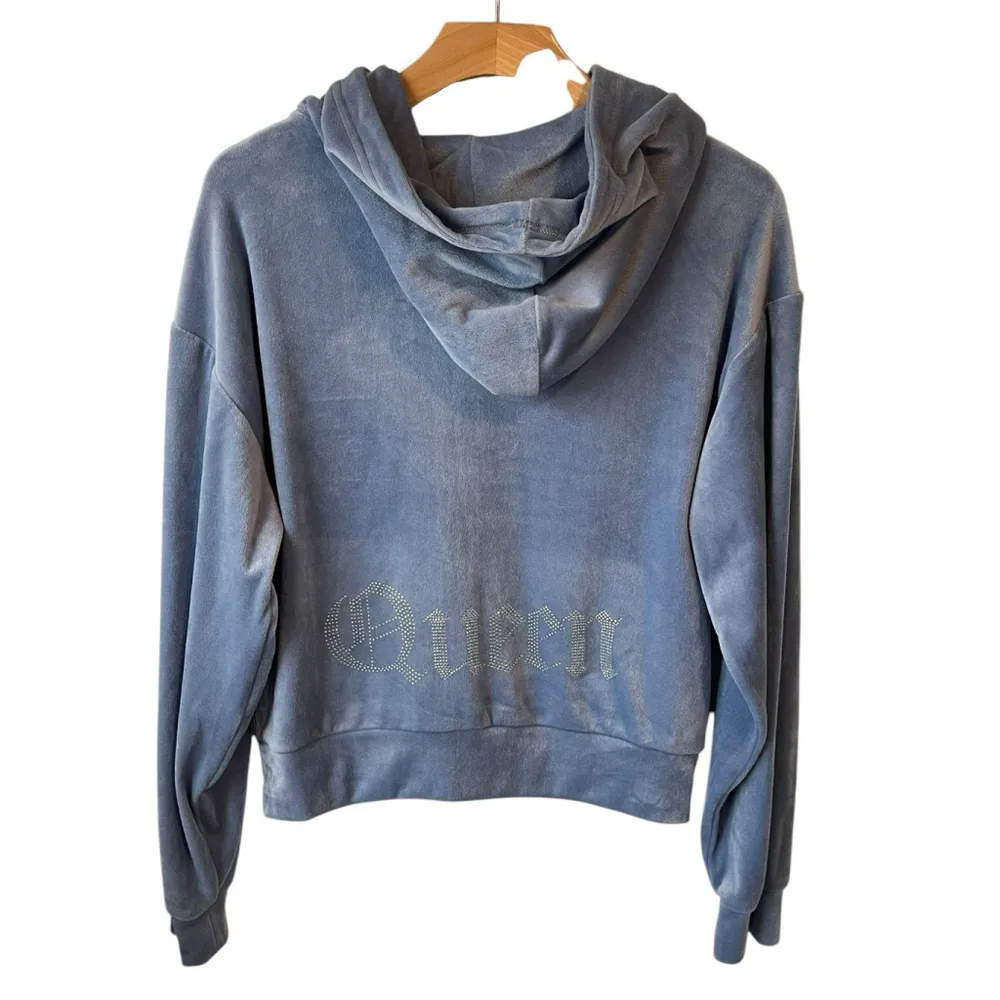 Refuge Hoodie Jacket Womens M Blue Velour Velvet Full Zip Rinestone QUEEN NEW - Image 11