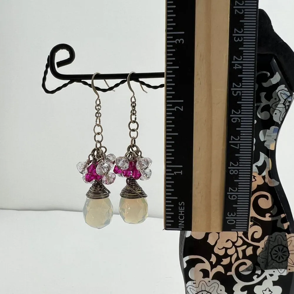 Wire Wrapped Opal Moonstone Teardrop with Pink Crystal Drop Earrings - Image 4