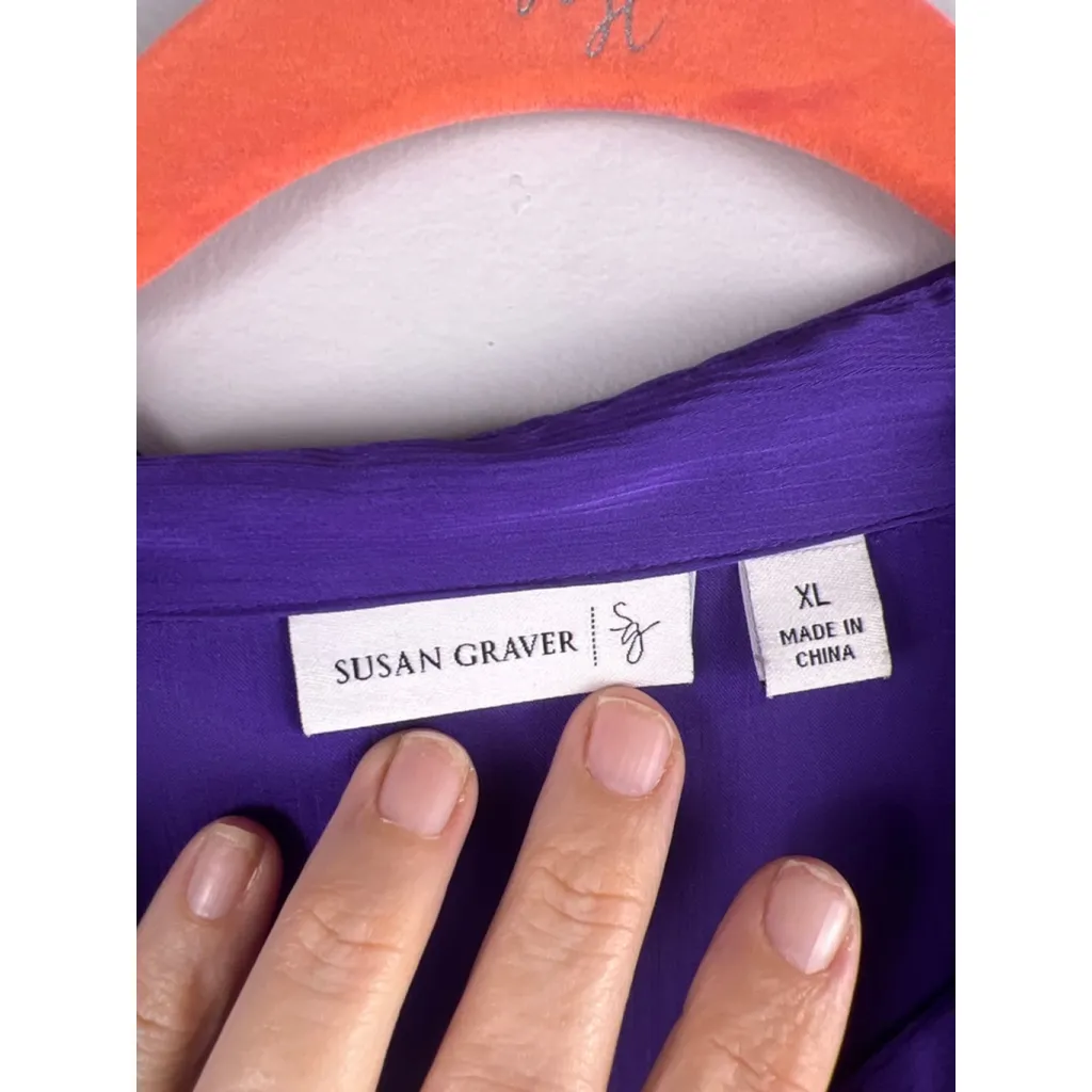 Susan Graver Purple Button Front Blouse XL Long Sleeve Ruched Tie Cuffs - Image 2