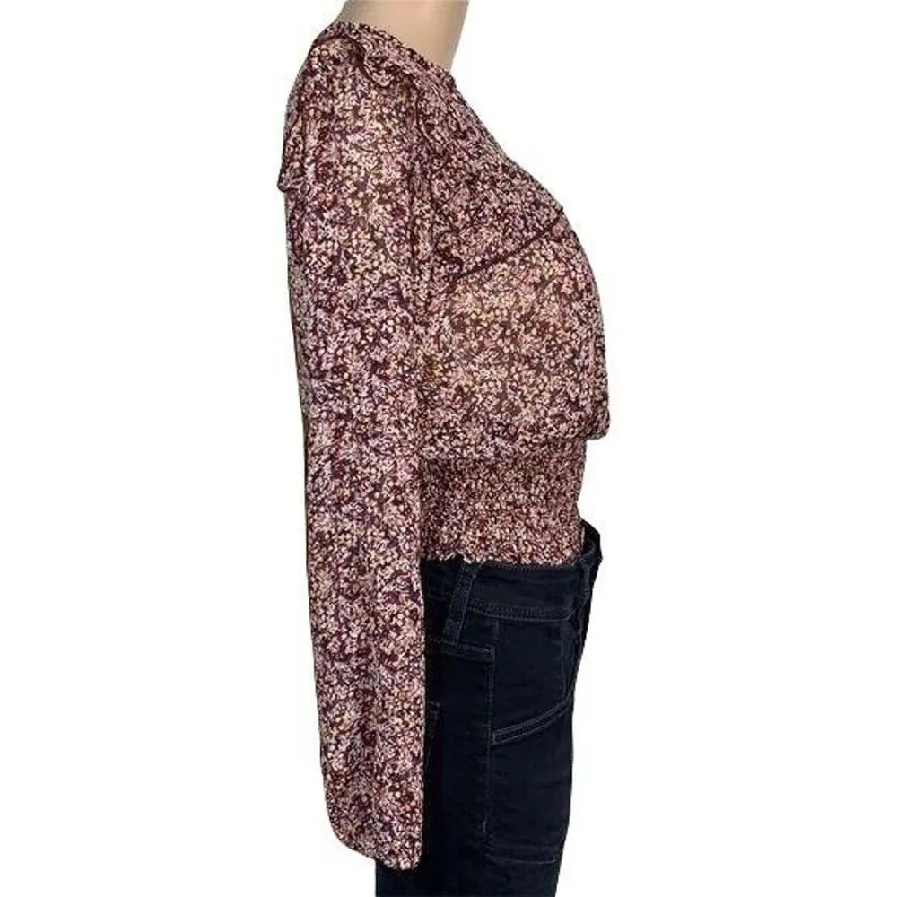 Love, Fire Womens Blouse Top Shirt Ruffled Smocked Hem Sheer Floral Red XS - Image 4