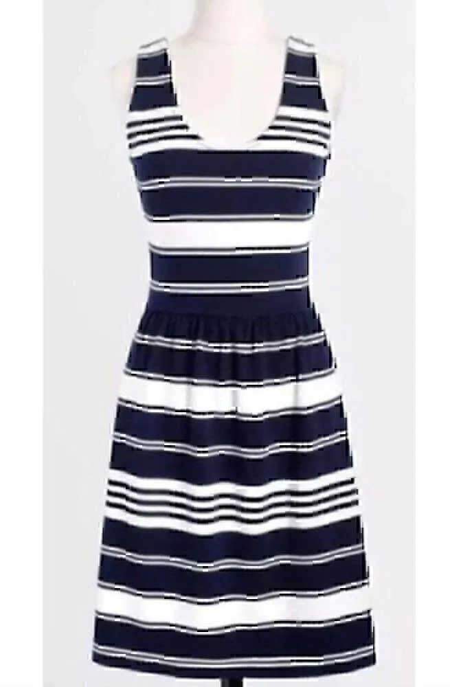J. CREW Villa Dress Navy Blue Cream Ivory Striped Sleeveless Fit Flare Cotton XS - Image 3