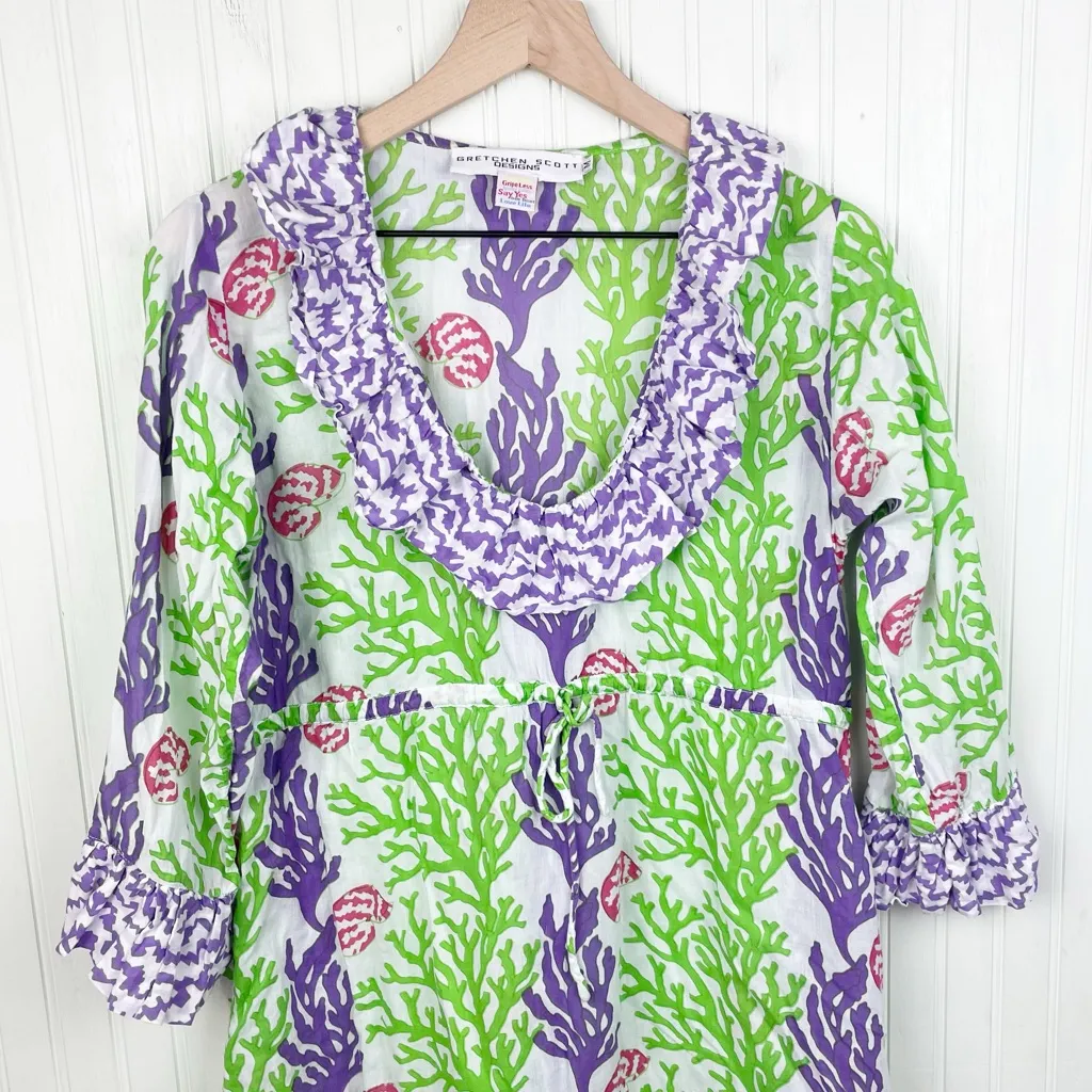 Gretchen Scott Designs Women's Ruffle Neck Dress Medium Purple Green Coral Reef - Image 3