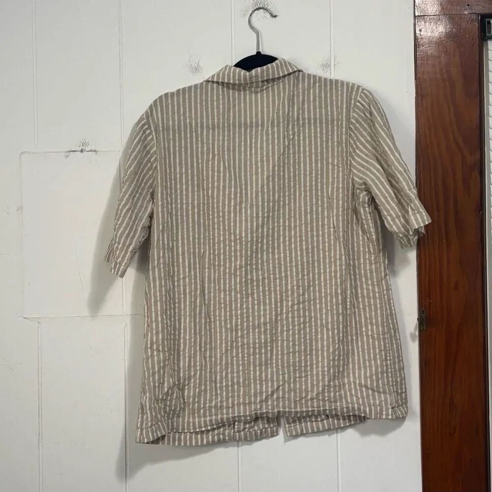 Dazy Seersucker Striped Beige Short Sleeve Blazer Size Medium Tan - Image 4