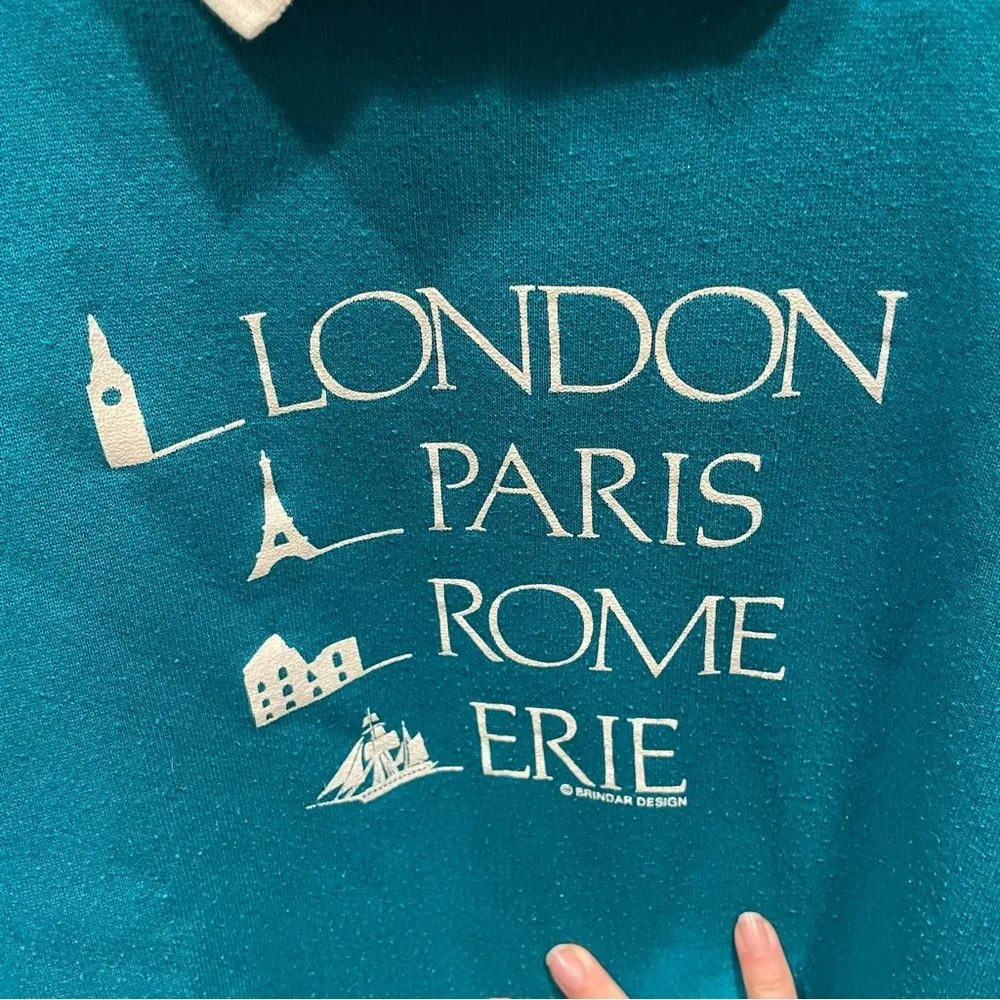 Chic Vintage 80’s teal collared sweatshirt soft London Paris Rome Erie luxe USA Blue Size L - Image 5