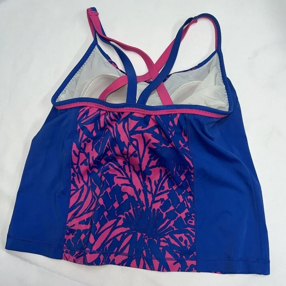 Lands End Tankini Swimsuit Top Womens Size 16 DD Blue Pink Shelf Bra Criss Cross - Image 6