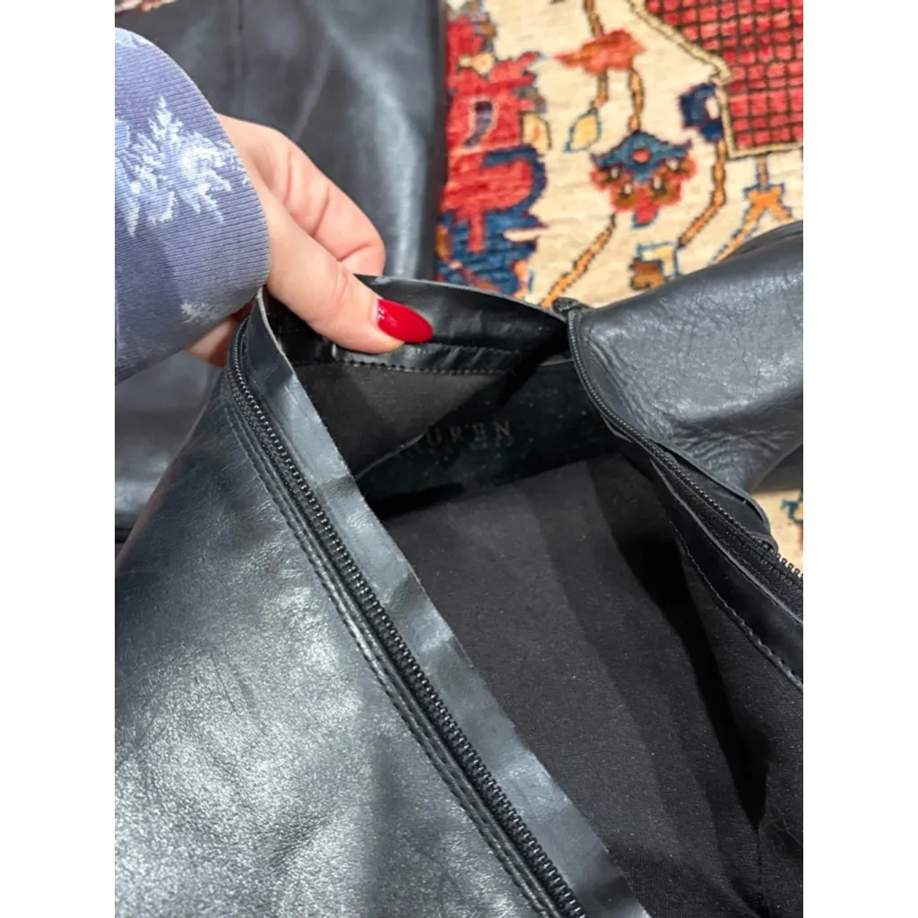 Lauren Ralph Lauren Black Leather Riding Boots Gold Buckle Tall Zip Size 9.5 - Image 9