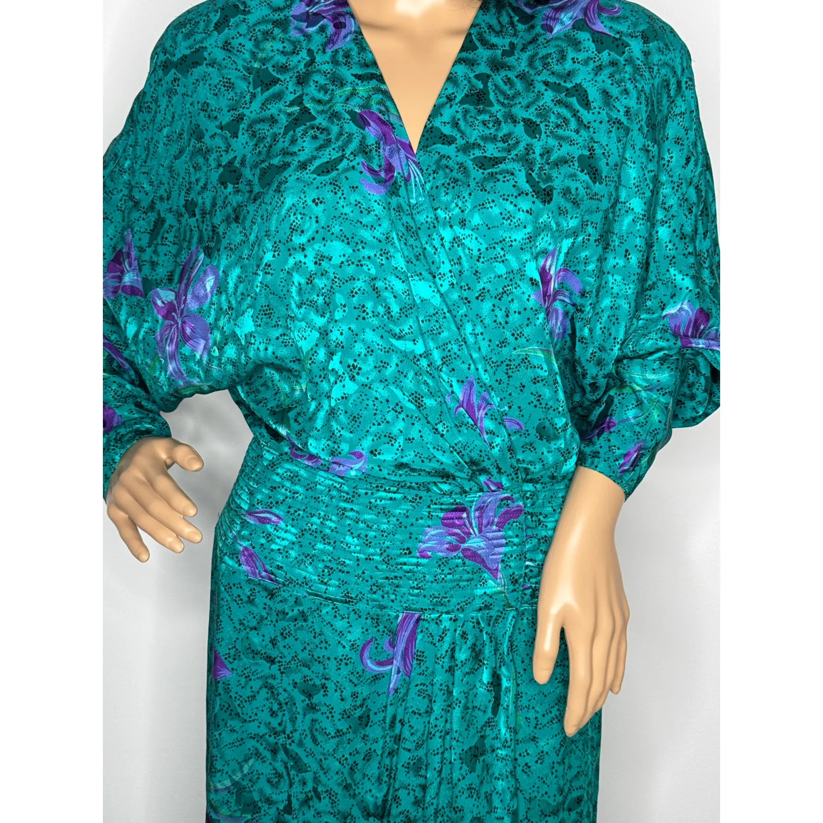 Vintage Maggy London by Jeannene Booher 80s Teal Silk Floral Midi Dress medium - Image 10