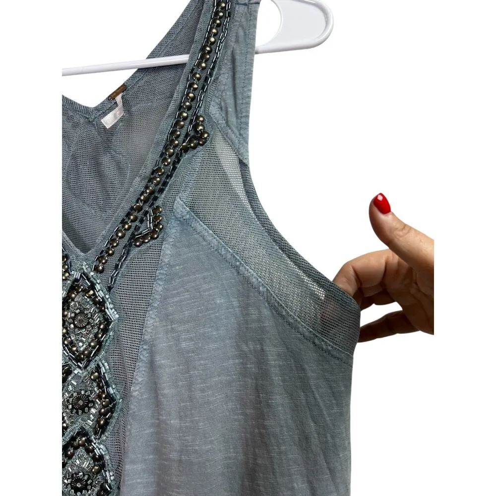Free People Bluish Gray Beaded Mesh Tank Top Small - Image 7