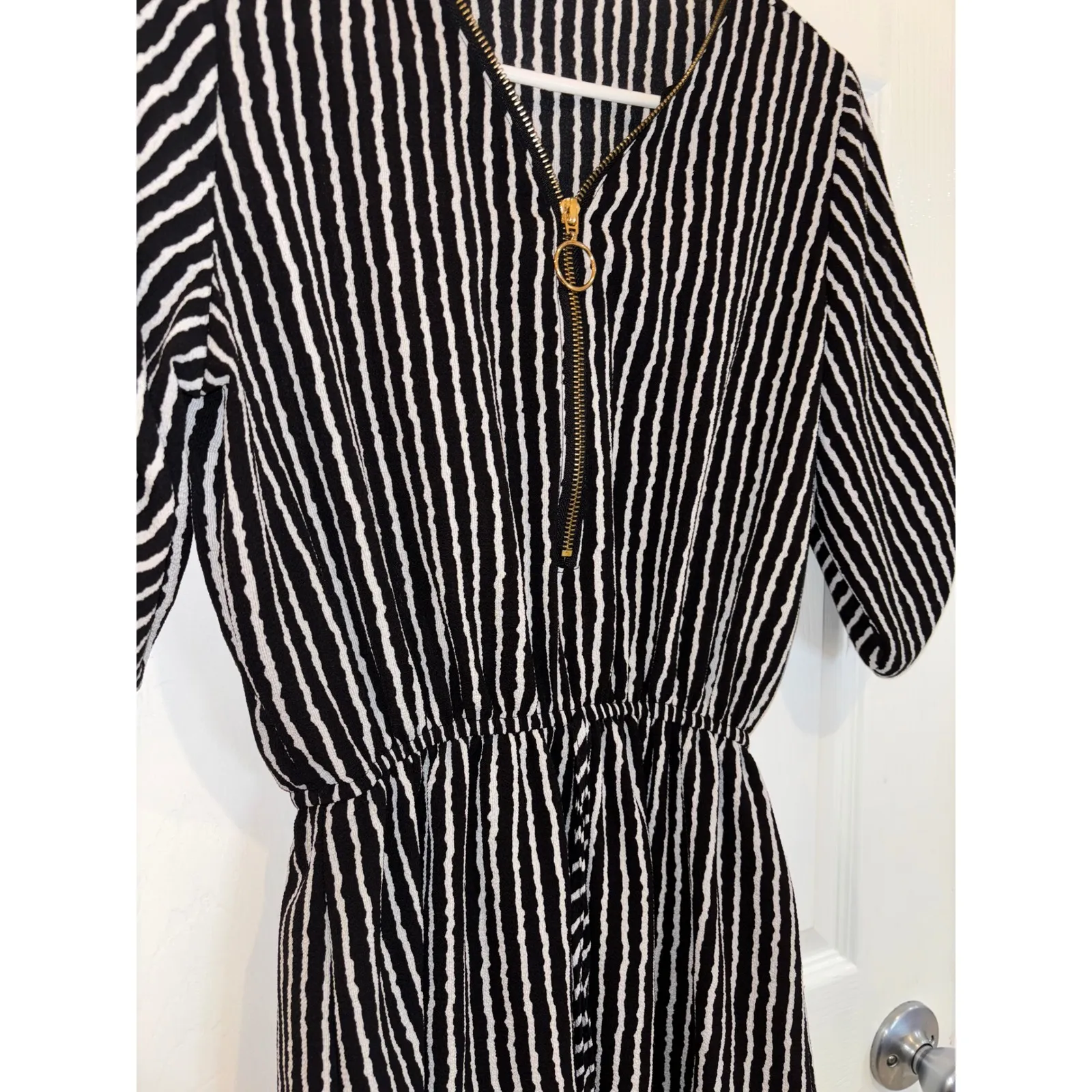 J for Justify Women's Romper Striped Zip Front Roll Tab Sleeve Black White‎ - Image 2