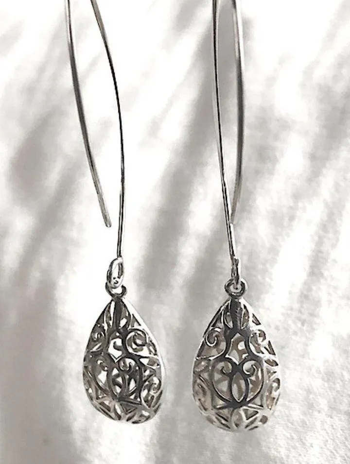 VINTAGE Sterling Silver Drop Filigree Scroll Cutout Dangle Earrings - Image 4
