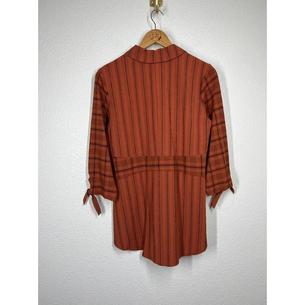 Habitat Small S Plaid Tie Sleeve Button Front Top Burnt Orange Black - Image 5