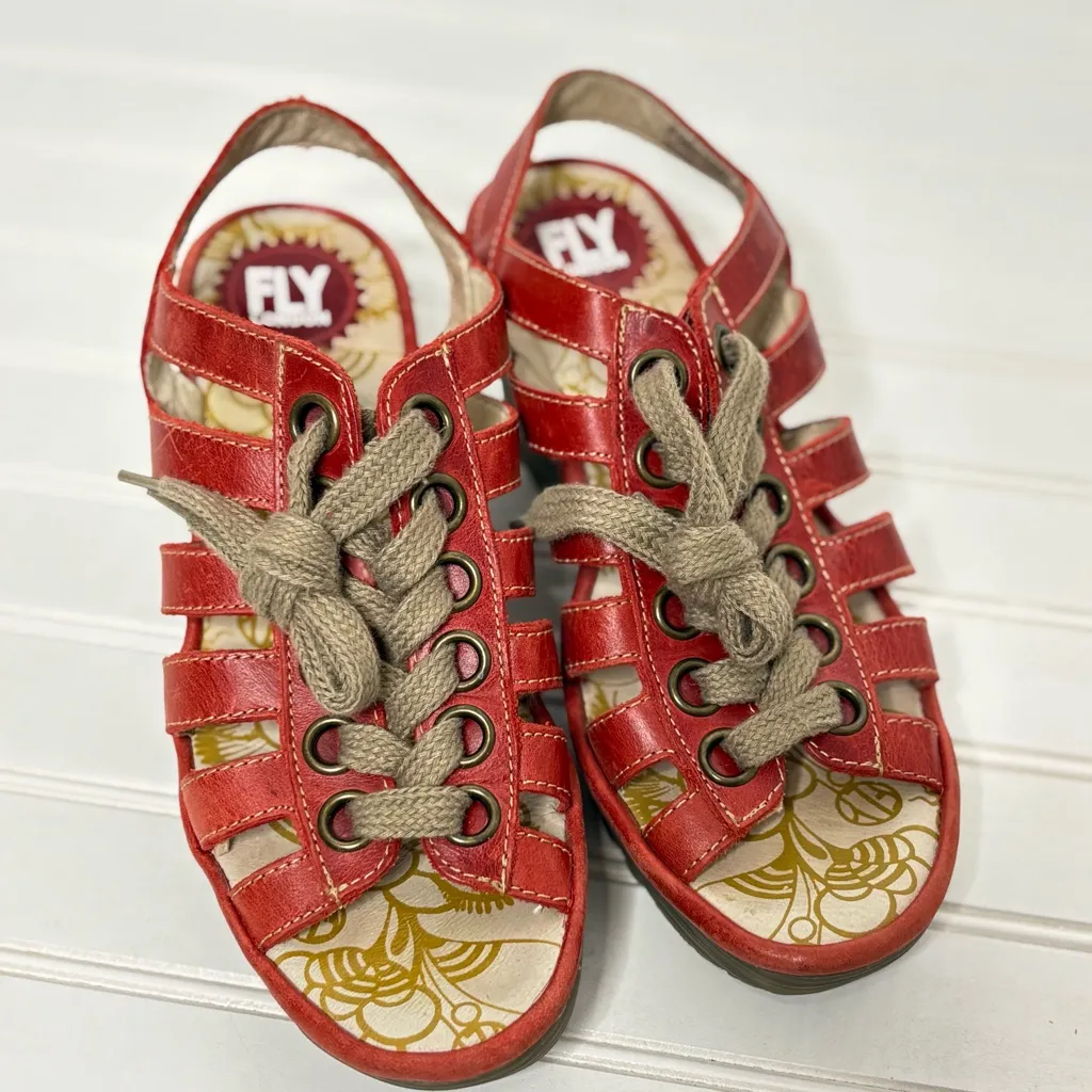 Fly London Yito Red Leather Wedge Strappy Sandals Lace Up EU 39 US 9 - Image 3