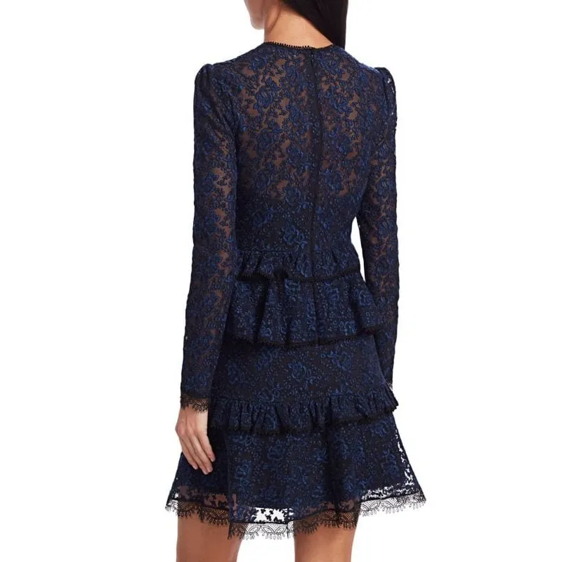 ML Monique Lhuillier Black & Blue Tie-Neck Lace Long Sleeve Ruffled Dress - Image 3