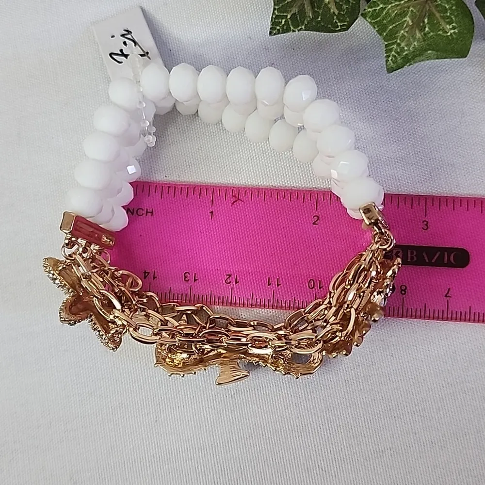 Starfish Seahorse Fish Gold Chain and White Faceted Glass Bead Bracelet - Image 10