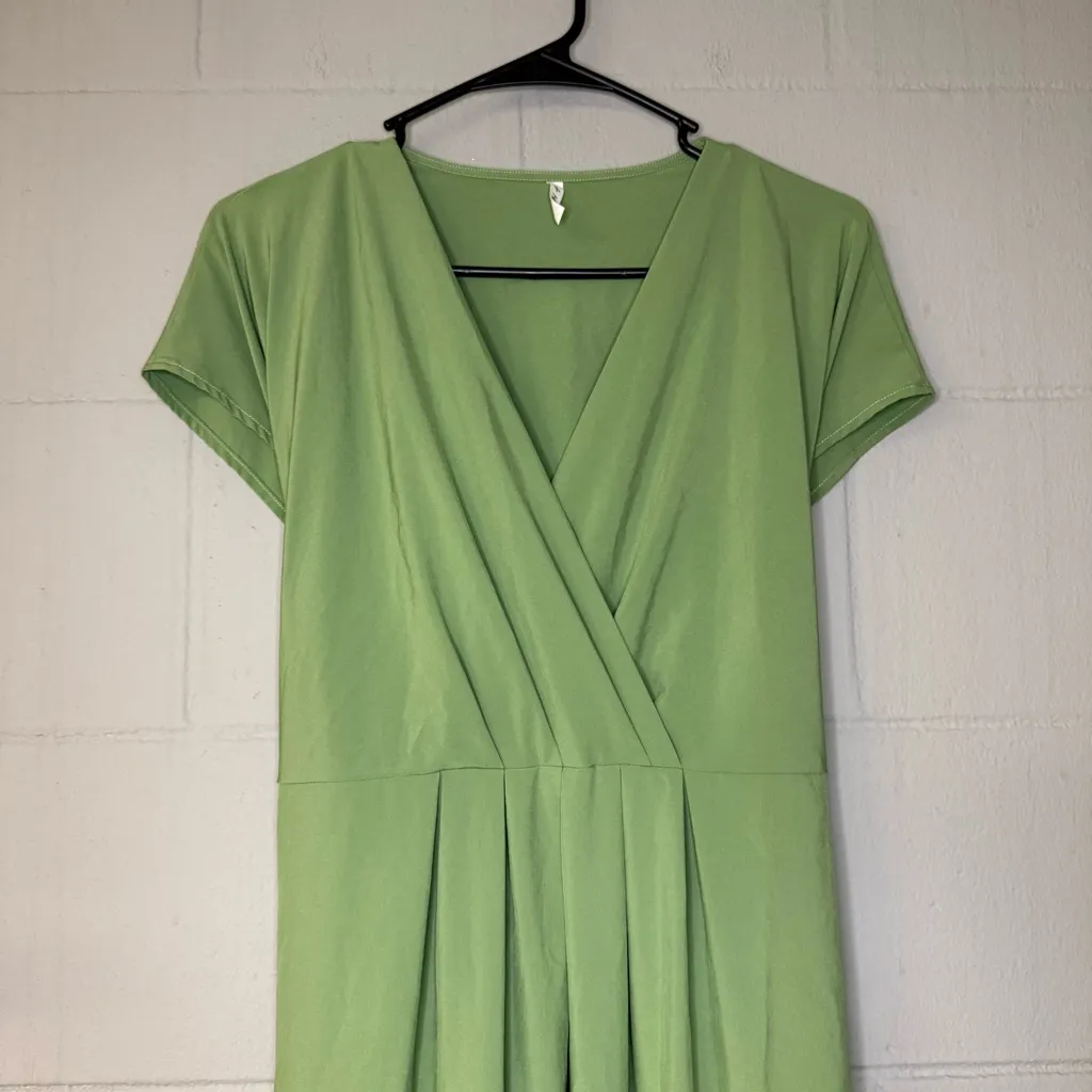 Halara V Neck Short Sleeve Pocket Tie Back Quick Dry Midi Casual Dress Green Lrg - Image 5