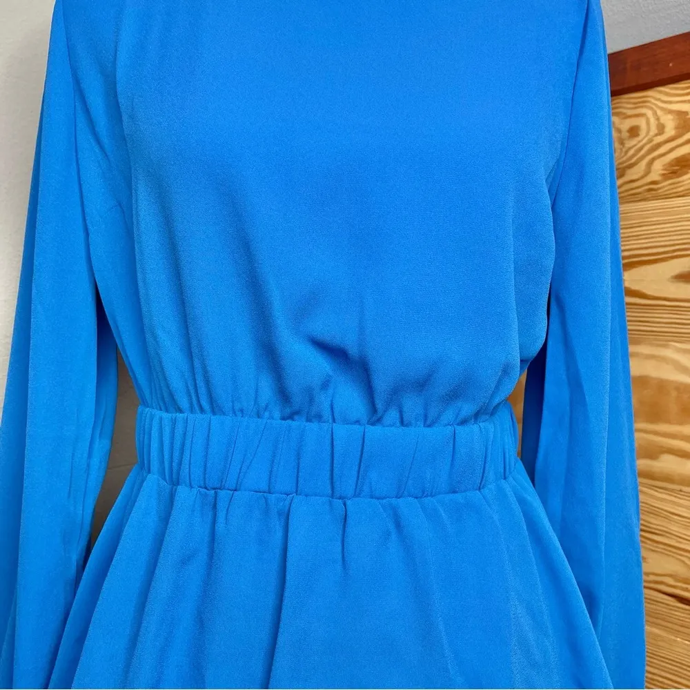 New York & Company Royal Blue Chiffon Long Sleeve Tie Back Top Blouse Small - Image 5