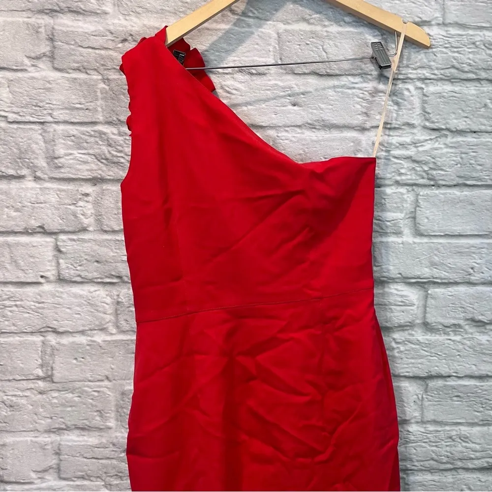 Valentino Techno Couture SZ 10 Red One Shoulder Flower Detail Knee Length Dress - Image 5