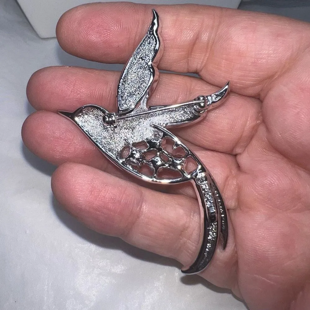 Sarah Coventry Vintage Signed MCM Bird of Paradise Aurora Borealis Rhinestone Br Silver - Image 6