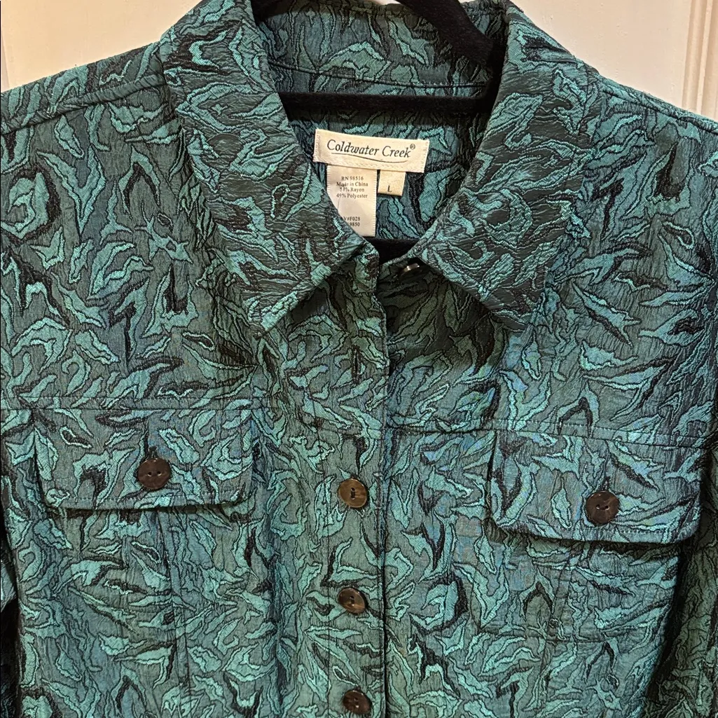COLDWATER CREEK Green Textured Jacket
Has Black Metallic Shimmer Thread Size L - Image 4