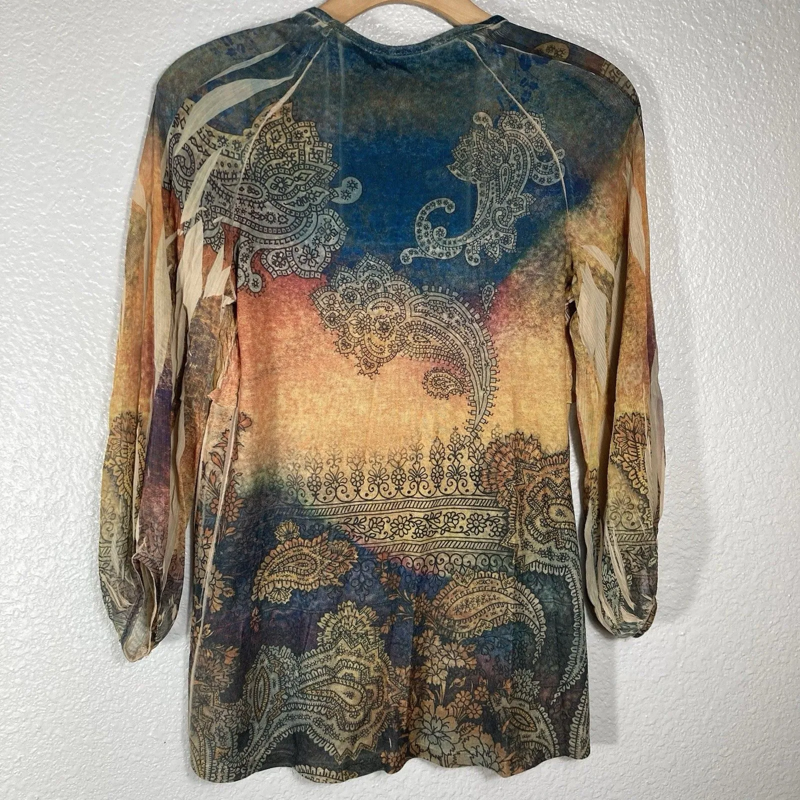 Y2K One World Womens Tunic Top M Sheer Babydoll Smocked Fairy Whimsical Smoky - Image 8