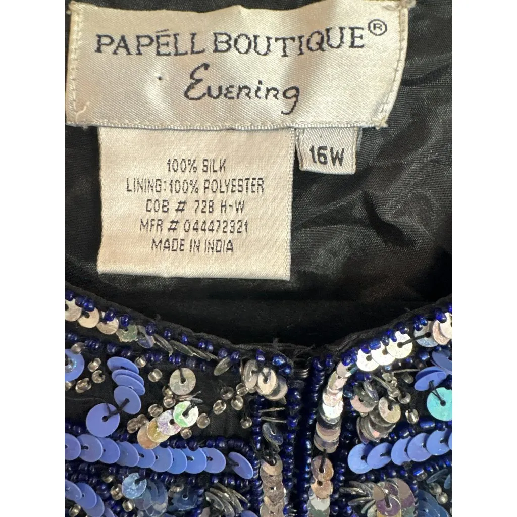 Vintage Papell Boutique Evening Silk Jacket 16W Black Blue Sequins Beaded - Image 2