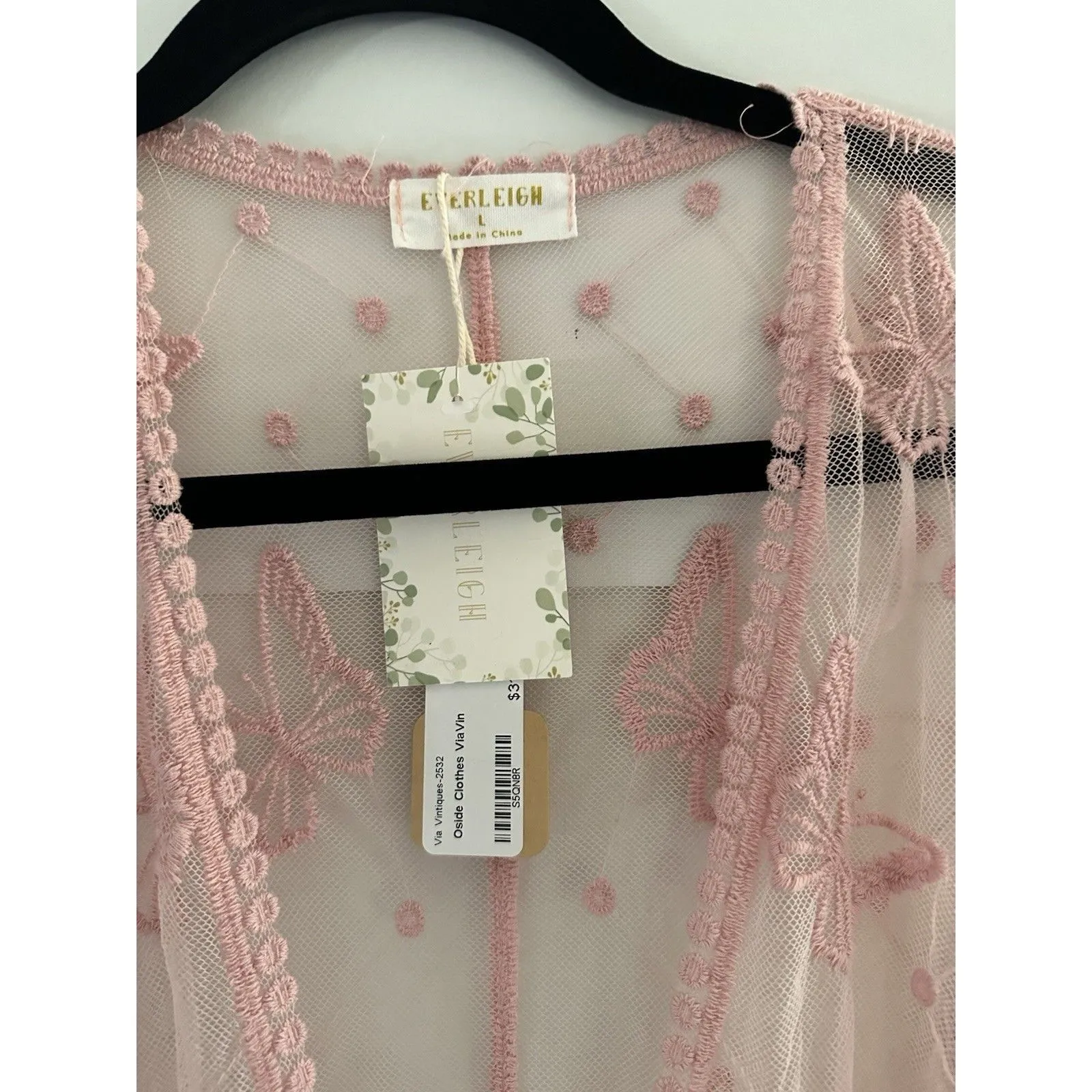 Everleigh Sheer Pink Coral Lace W/ Butterflies Kimono Duster Swim Coverup Sz L Size L - Image 2