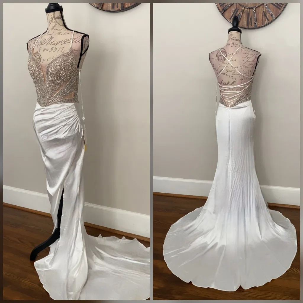Rhinestone and satin wedding dress, prom dress or white pageant evening gown Size 4 - Image 2