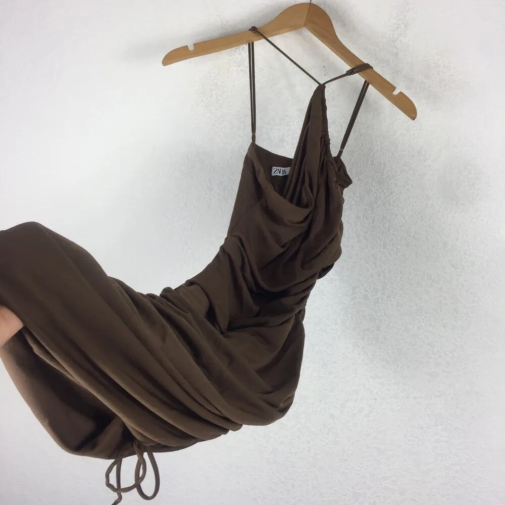 Zara Brown Asymmetric Draped Cut Out Ruched Mini Dress Size XS 7733/075 - Image 13