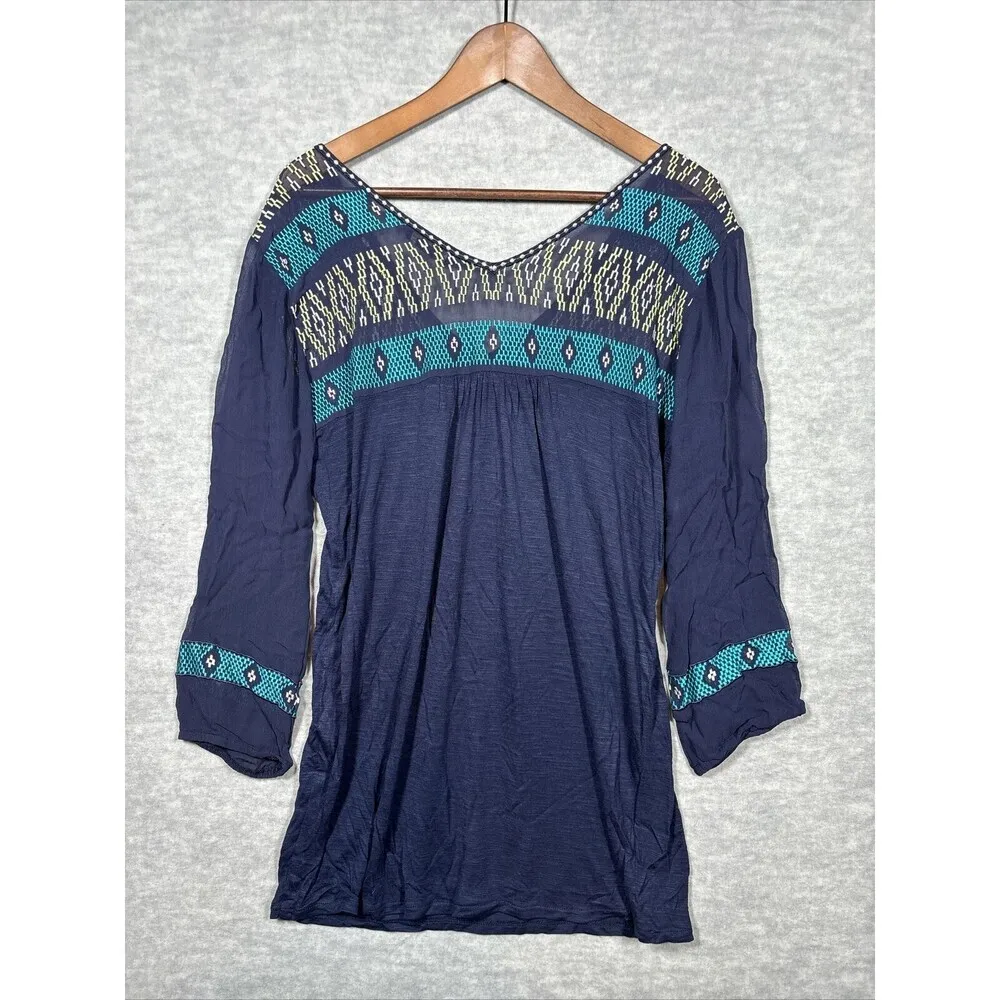 Lucky Brand Embroidered Womens M Top V Neck Semi Sheer Colorful Boho‎ Festival - Image 5