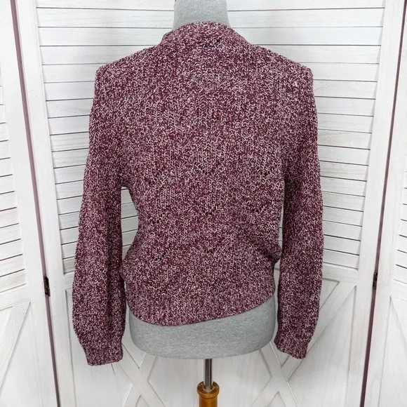 Old Navy Marled Pointelle Knit V Neck Crop Cardigan Sweater Burgundy Red Small - Image 6