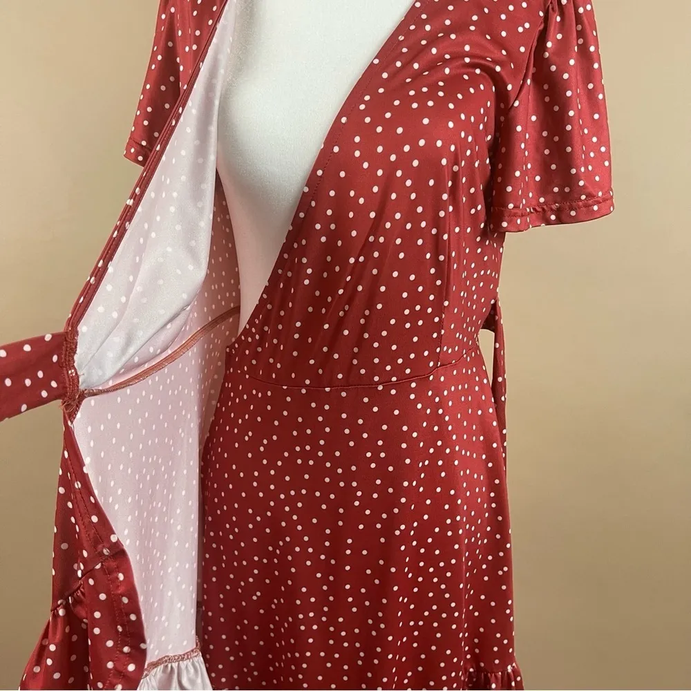 Retro Women's Small Polka Dot Ruffle Tie Wrap Flowy 50's V Neck Swing Dress Red - Image 6