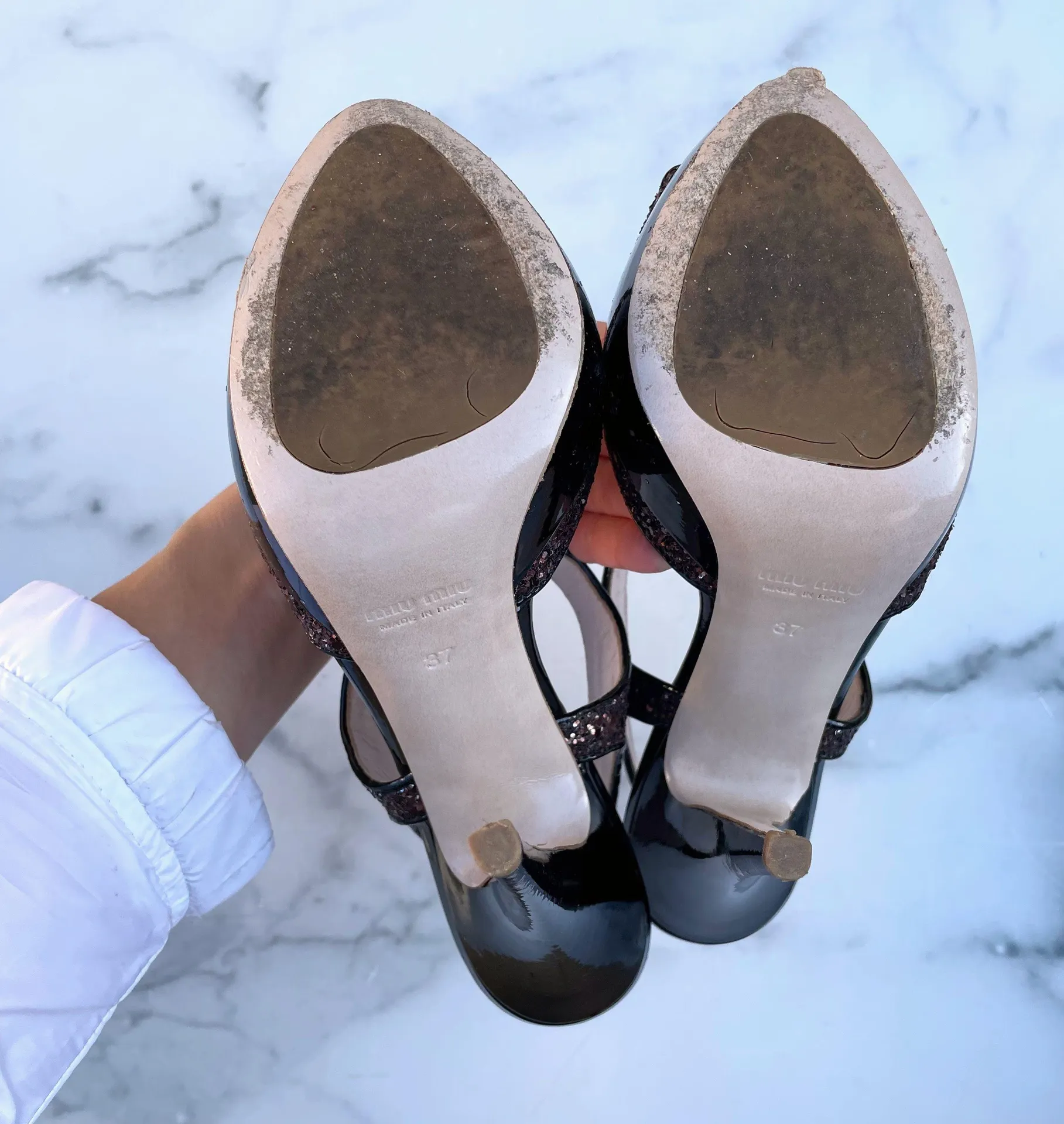 Miu Miu burgundy glitter vernice slingback T-strap sandal size IT 37 US 6.5 7 - Image 9