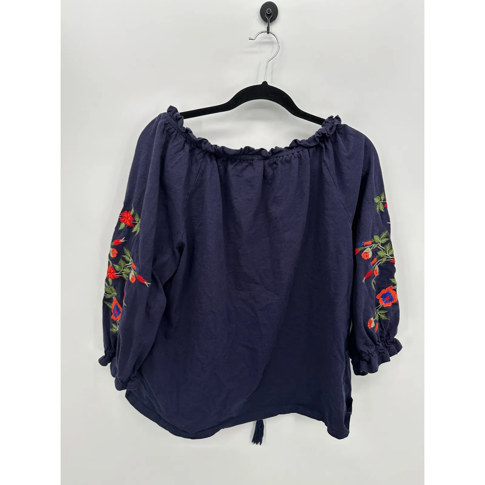 Solitaire Womens Blue Floral Top Size L Embroidered Boxy Boho Tassels - Image 2