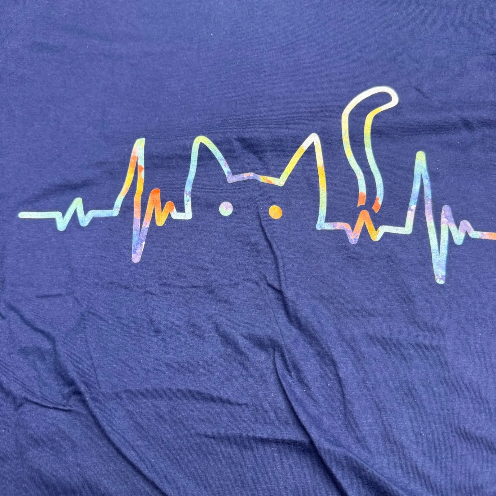 Womens 2X Navy Blue Cat Heartbeat EKG Graphic Tee‎ Shirt Short Sleeve Cotton - Image 2