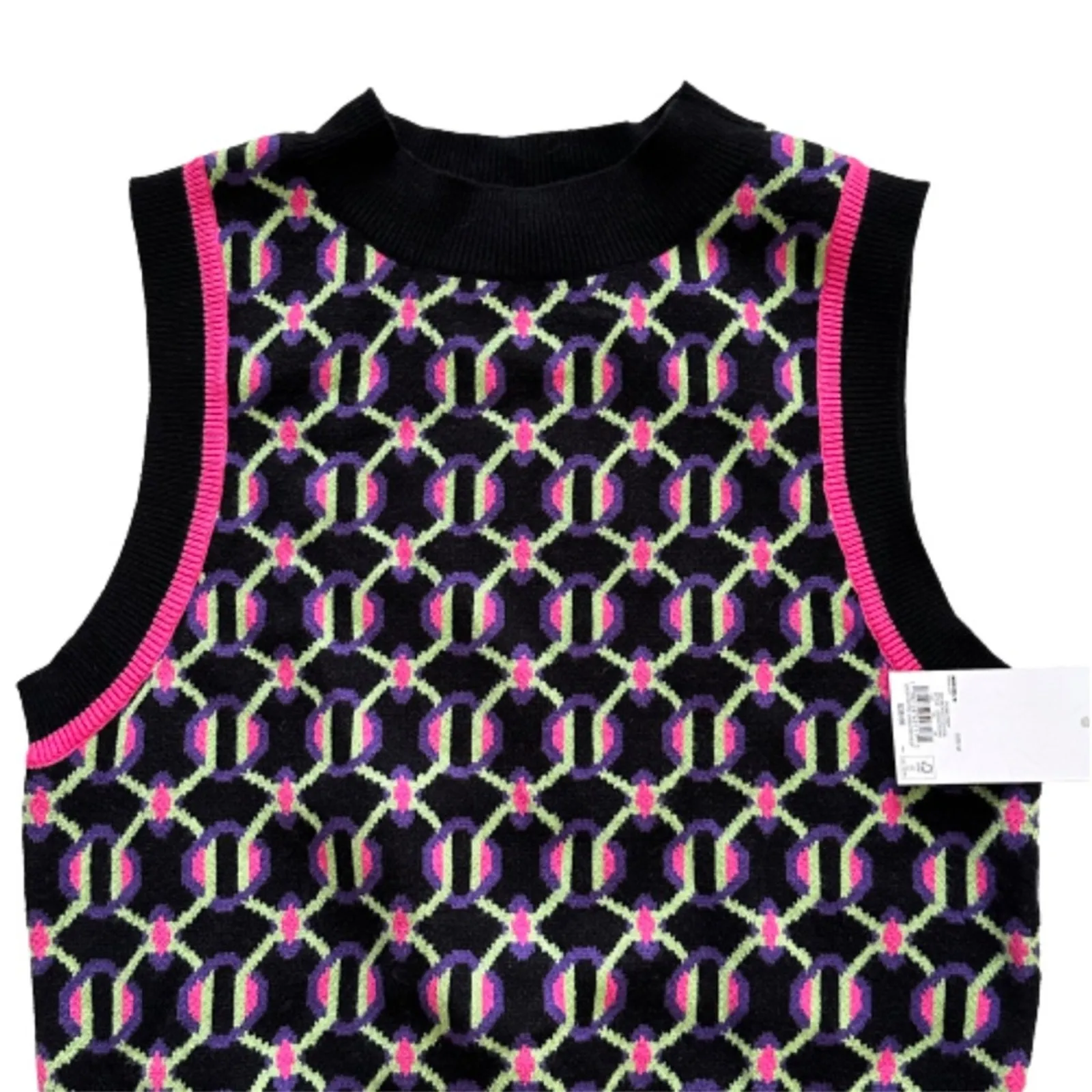 SO Retro Sweater Vest Preppy Black Fuchsia Crop High Neck Vest Junior Medium NEW - Image 8