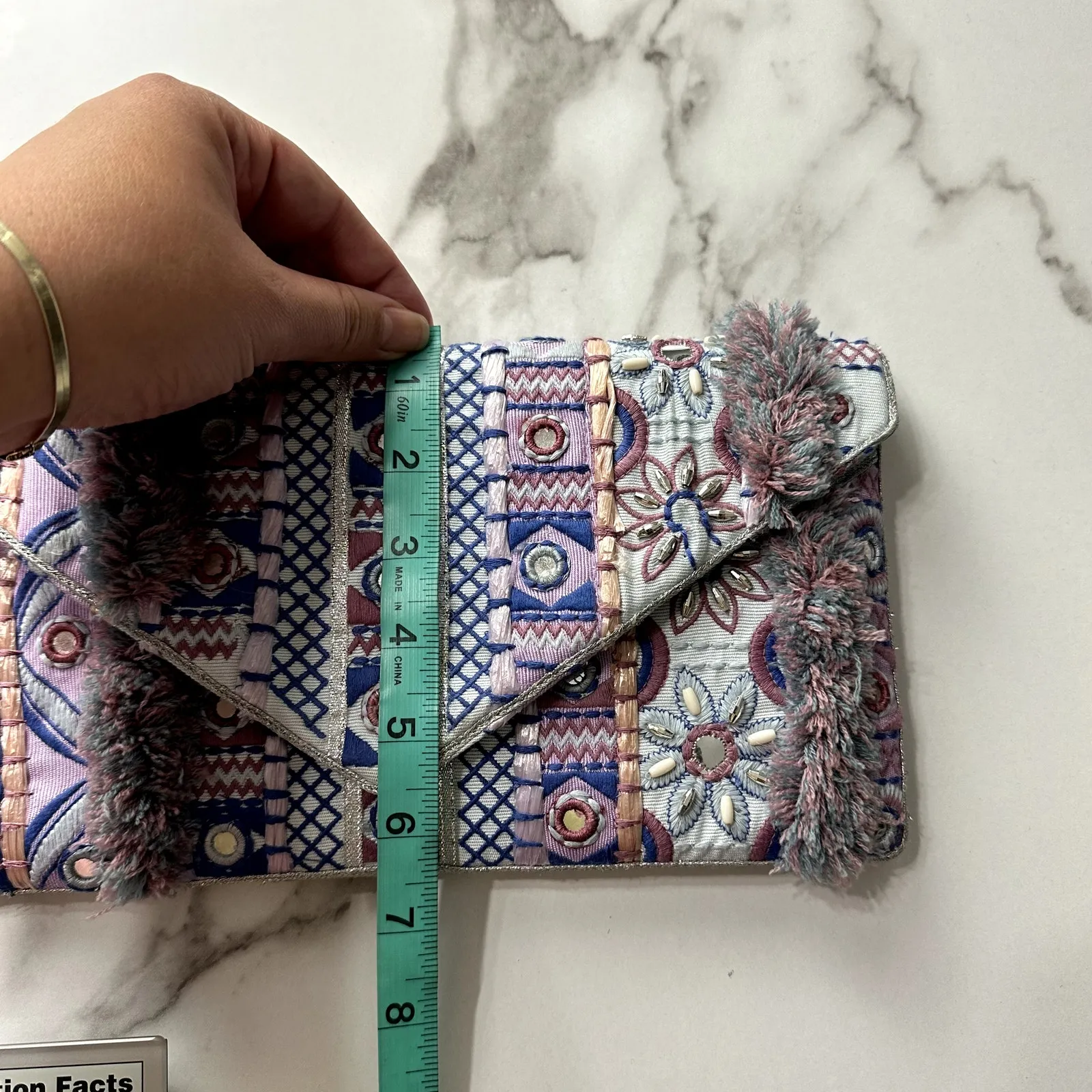 Chico's Boho Fringe Embroidered Purple Blue Multicolor Evening Party Clutch NWT - Image 8