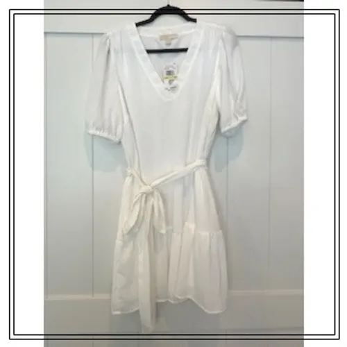 MICHAEL Michael Kors White Textured Puff Sleeve Tiered‎ Tie Waist Dress - Image 2